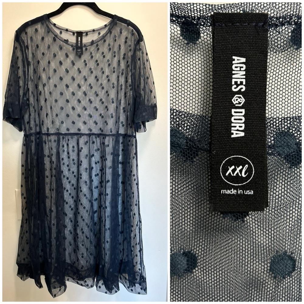 Agnes & Dora Short Mesh Easy Dress Topper Dress XXL Navy Polka Dot Like New